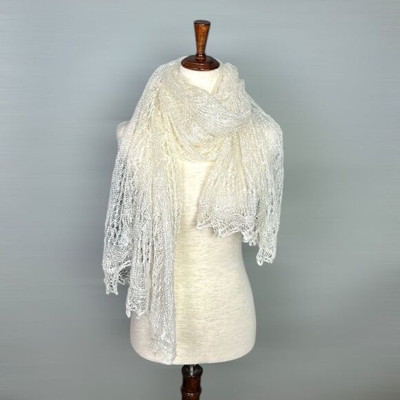 Goat Wool Lace Knit Oblong Shawl Scarf Handmade Russian Orenburg Style Ivory - Picture 3 of 11